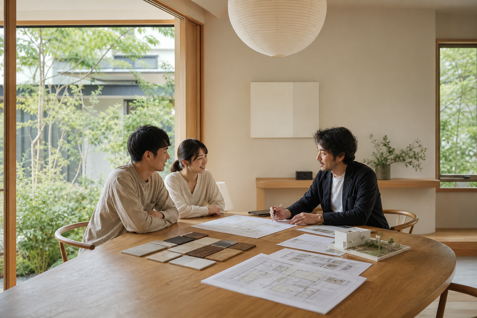 家づくり相談会で話す日本人の建築家とご夫婦