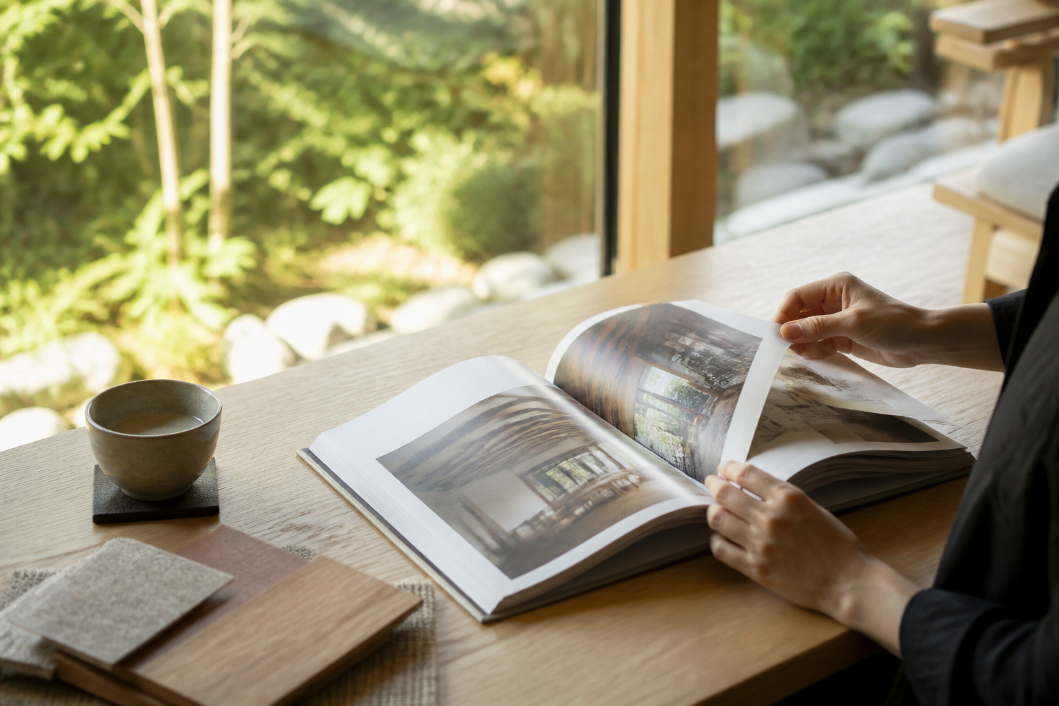 住まいの写真が載った建築雑誌を手に取る様子