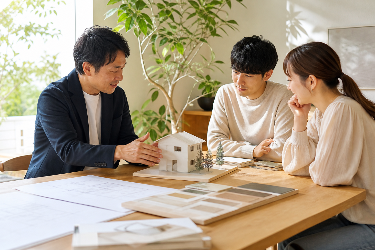 個別の家づくり相談会で模型を囲む様子
