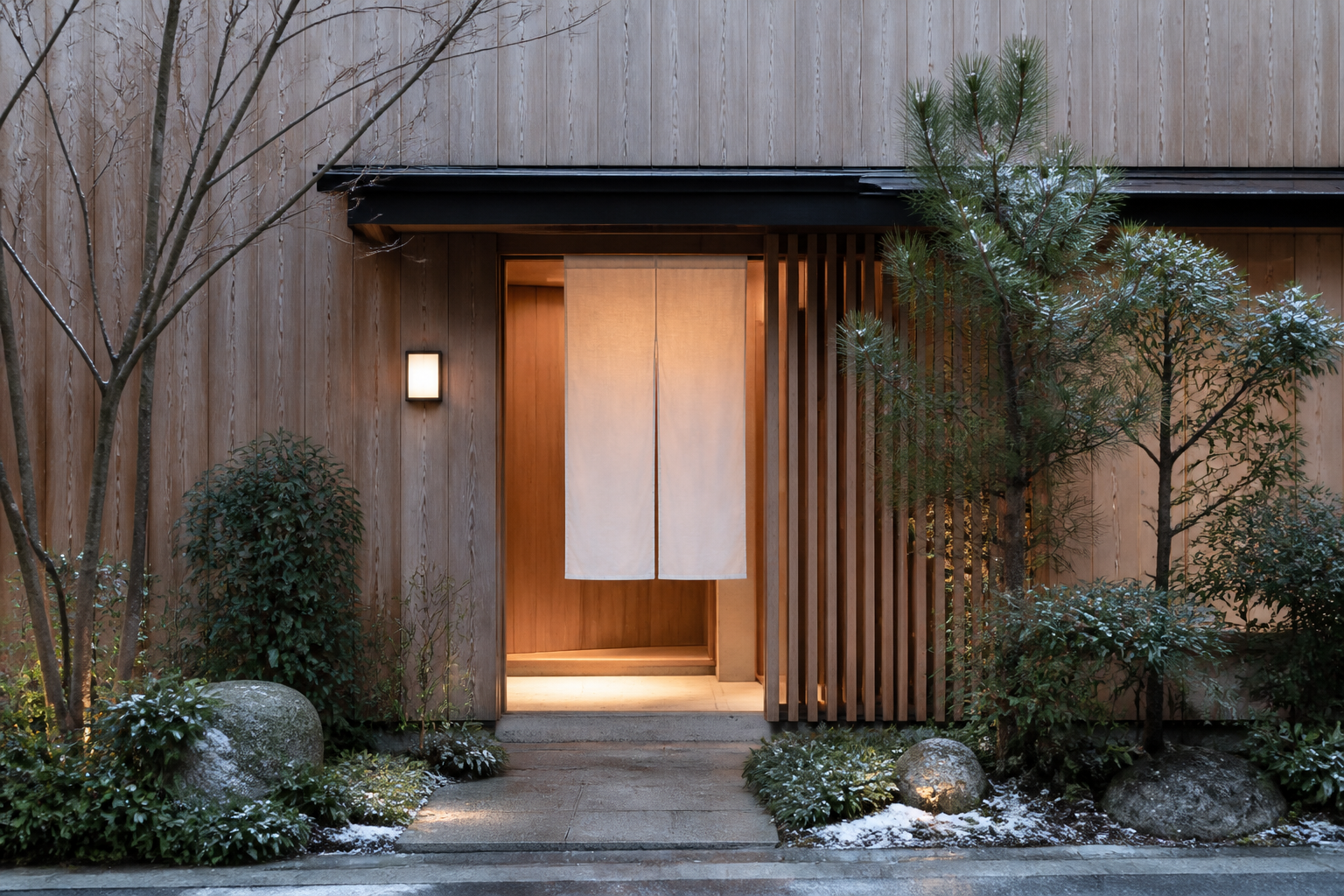 冬の静かな建築スタジオのエントランス