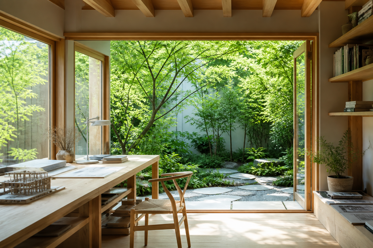 夏の庭を望む静かな建築スタジオ